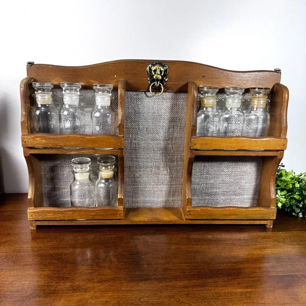 Vintage Wood Spice Rack Set 8 Bottles Brass Lion Decor Wall or Shelf
